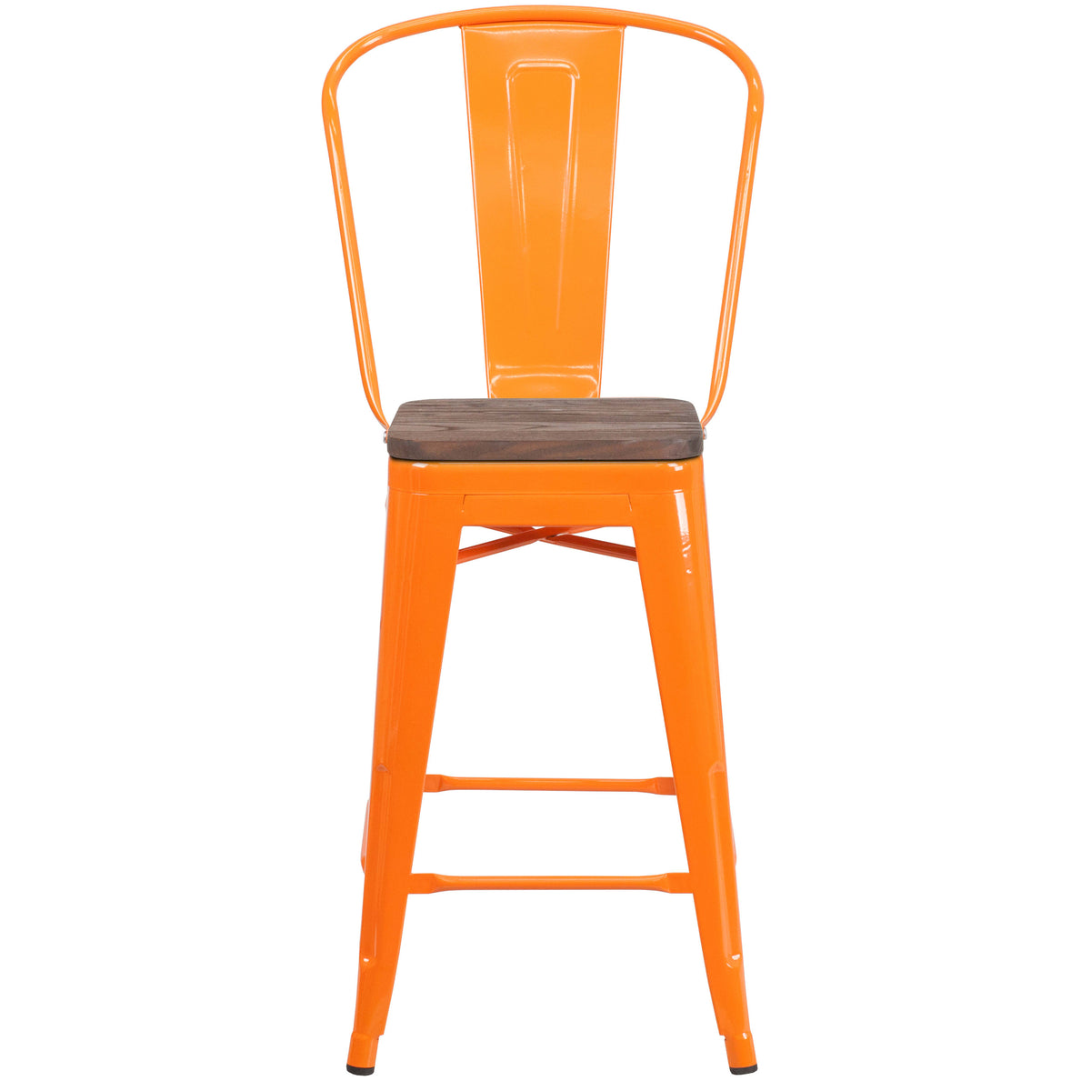 Orange |#| 24inch High Orange Metal Counter Height Stool with Back and Wood Seat