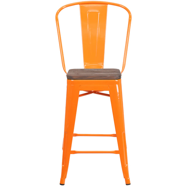 Blue |#| 24inch High Blue Metal Counter Height Stool with Back and Wood Seat