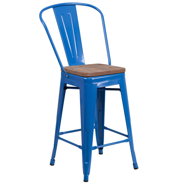 Blue |#| 24inch High Blue Metal Counter Height Stool with Back and Wood Seat