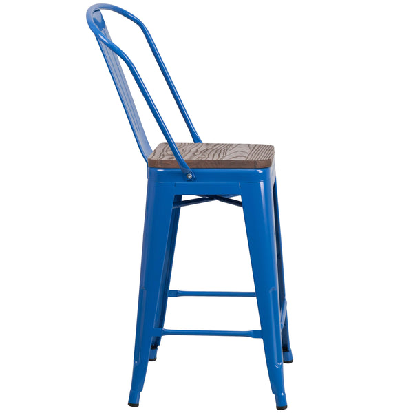 Blue |#| 24inch High Blue Metal Counter Height Stool with Back and Wood Seat