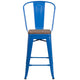 Blue |#| 24inch High Blue Metal Counter Height Stool with Back and Wood Seat