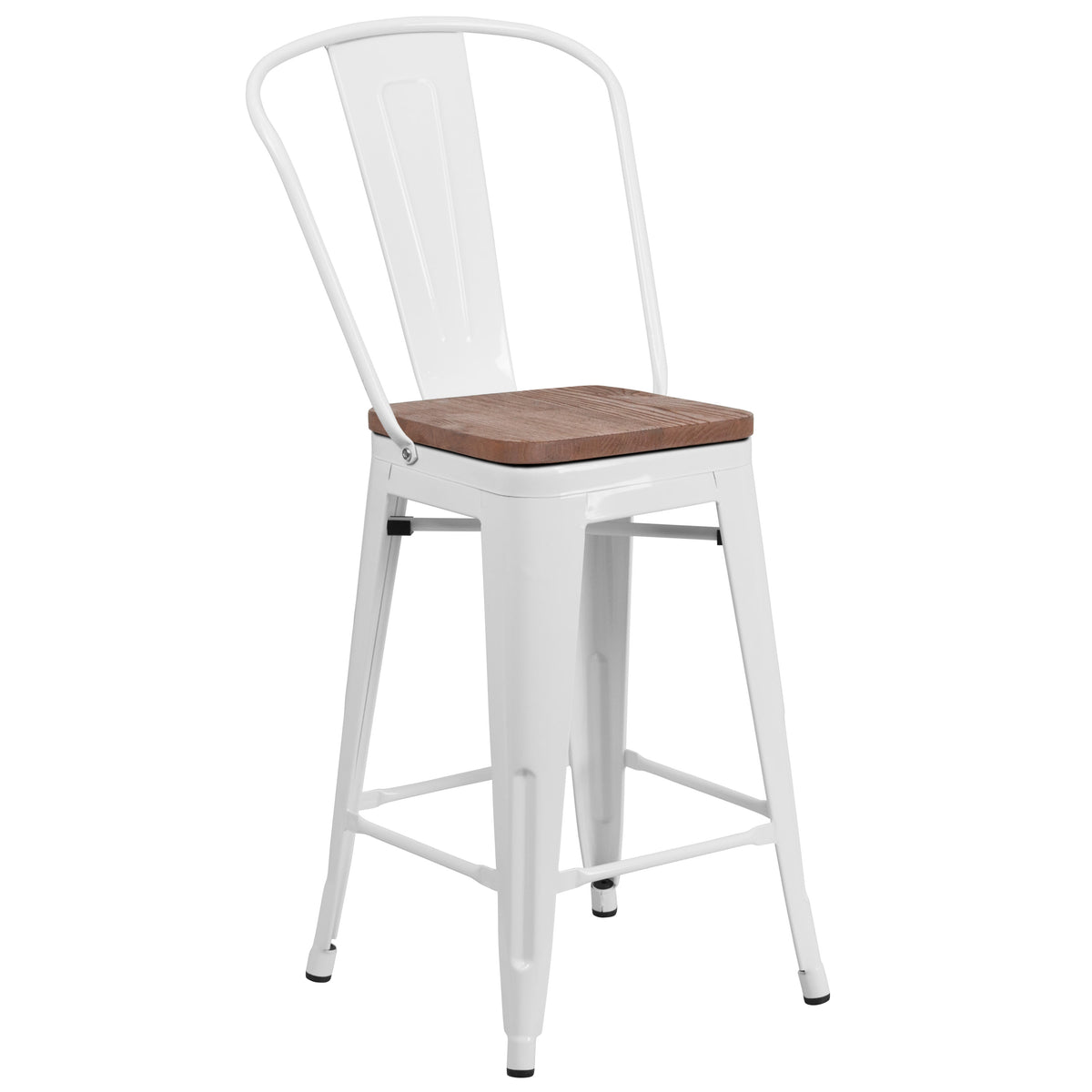 White |#| 24inch High White Metal Counter Height Stool with Back and Wood Seat