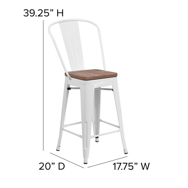 White |#| 24inch High White Metal Counter Height Stool with Back and Wood Seat