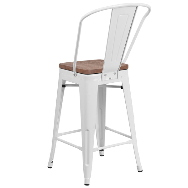 White |#| 24inch High White Metal Counter Height Stool with Back and Wood Seat