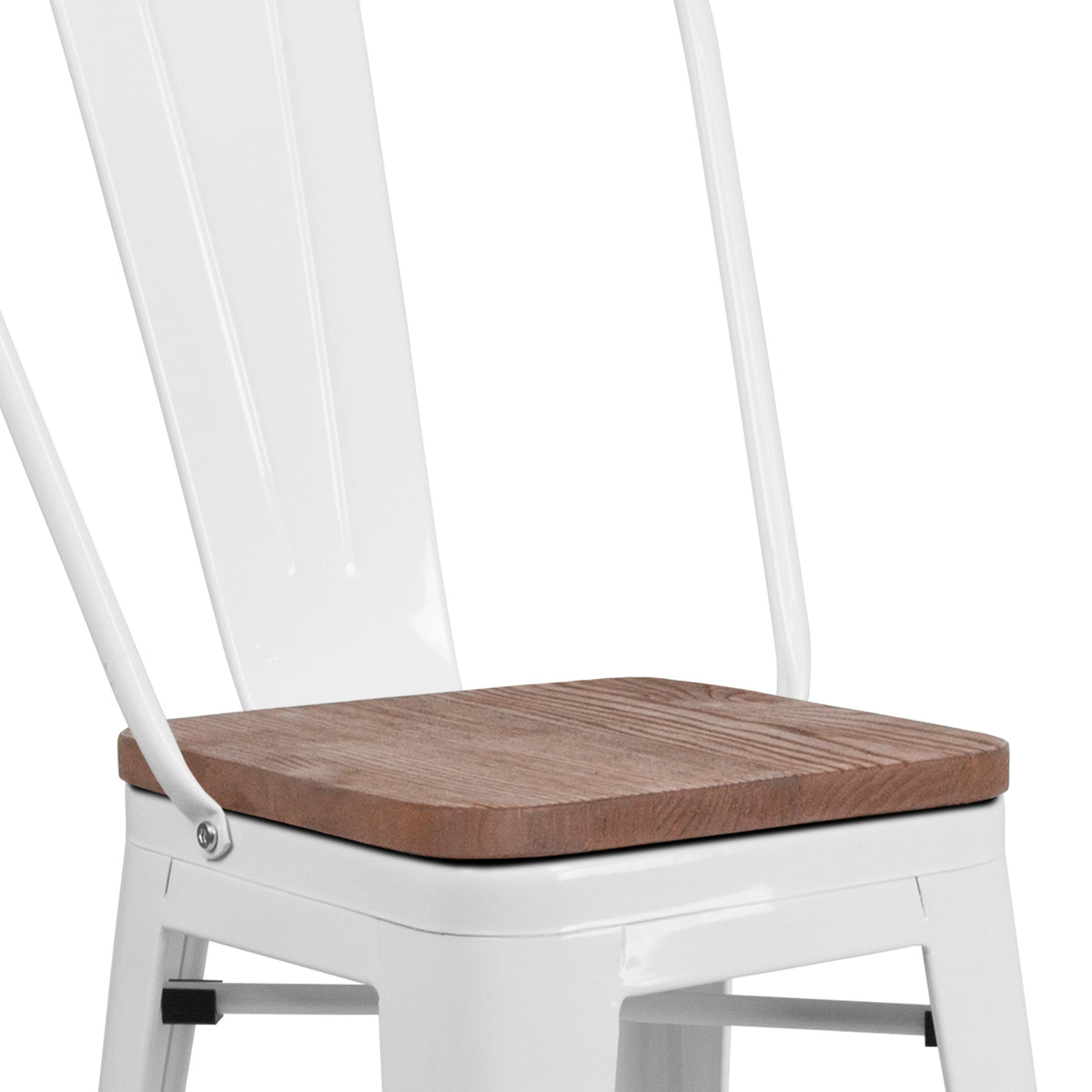 White |#| 24inch High White Metal Counter Height Stool with Back and Wood Seat