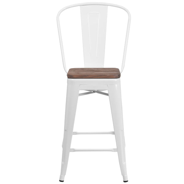 White |#| 24inch High White Metal Counter Height Stool with Back and Wood Seat