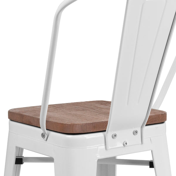 White |#| 24inch High White Metal Counter Height Stool with Back and Wood Seat