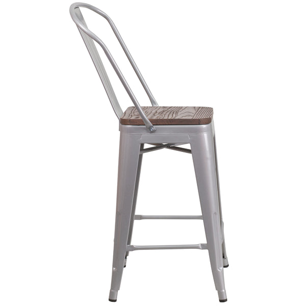 Silver |#| 24inch High Silver Metal Counter Height Stool with Back and Wood Seat