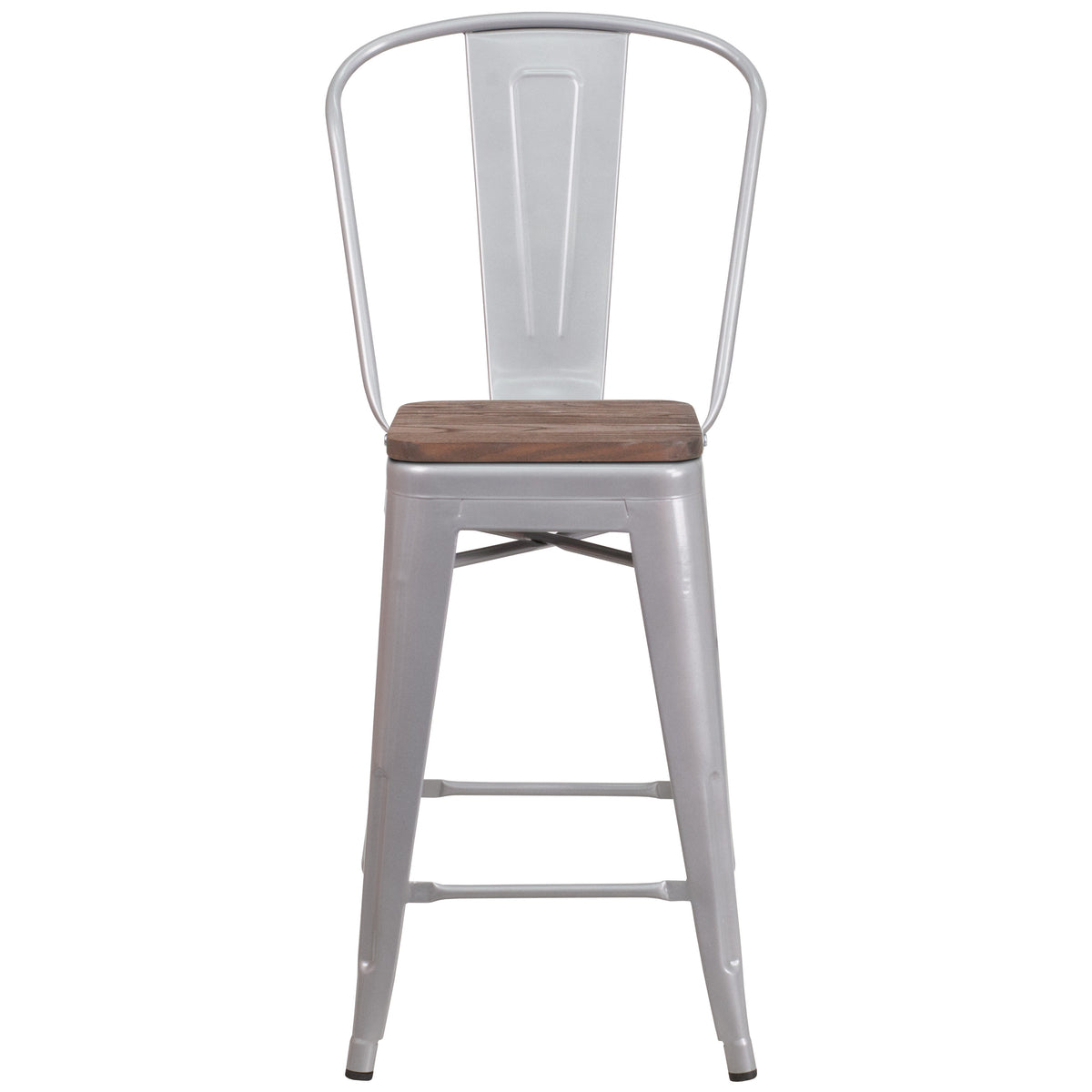 Silver |#| 24inch High Silver Metal Counter Height Stool with Back and Wood Seat