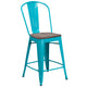 Crystal Teal-Blue |#| 24inch High Crystal Teal-Blue Metal Counter Height Stool with Back and Wood Seat