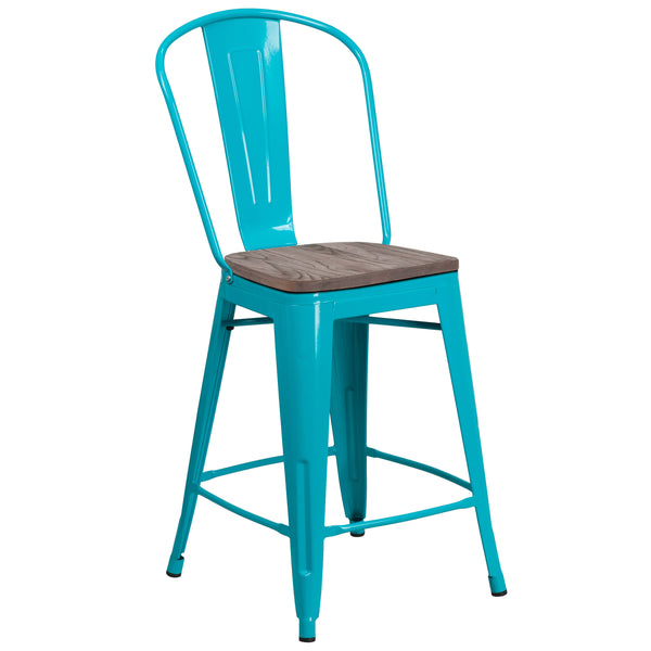 Crystal Teal-Blue |#| 24inch High Crystal Teal-Blue Metal Counter Height Stool with Back and Wood Seat