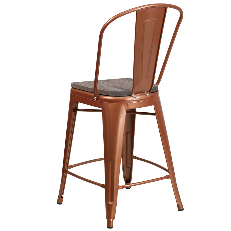 Copper |#| 24inch High Copper Metal Counter Height Stool with Back and Wood Seat
