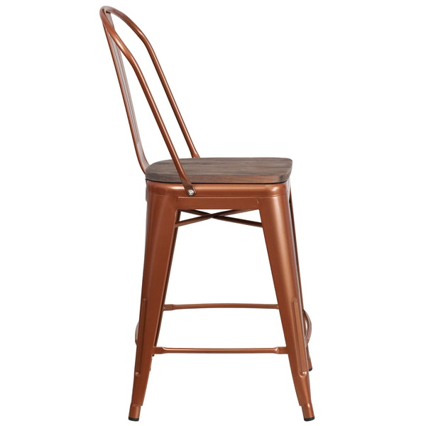 Copper |#| 24inch High Copper Metal Counter Height Stool with Back and Wood Seat