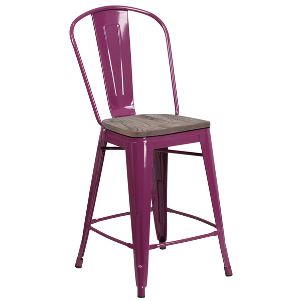 Purple |#| 24inch High Purple Metal Counter Height Stool with Back and Wood Seat