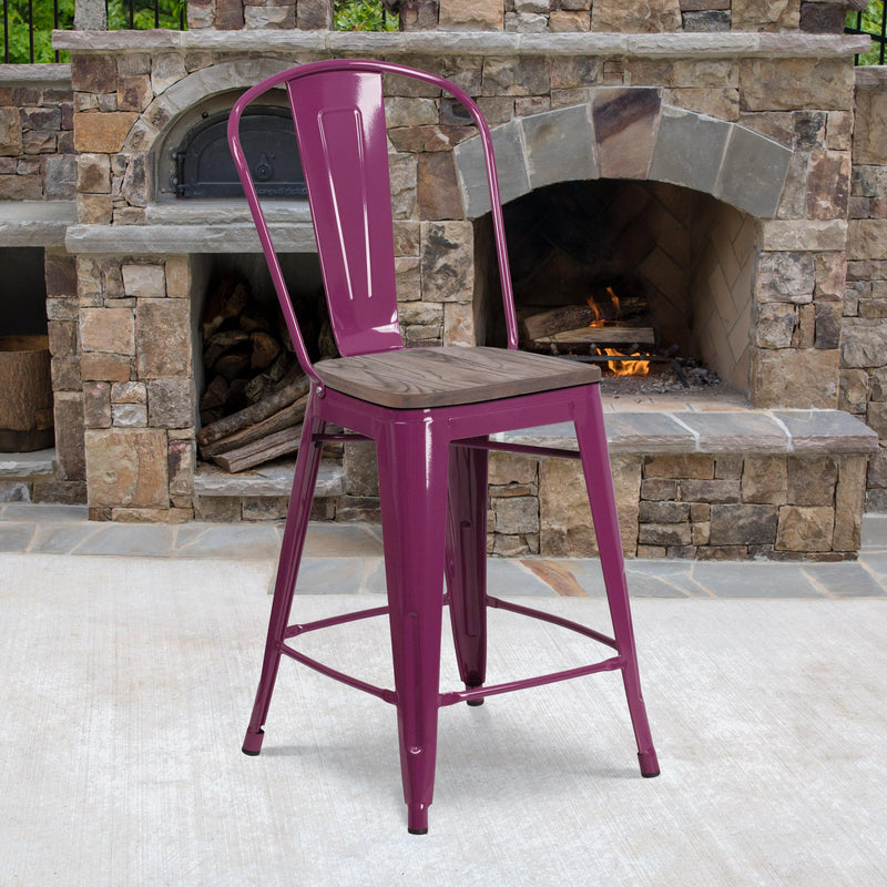 Purple |#| 24inch High Purple Metal Counter Height Stool with Back and Wood Seat