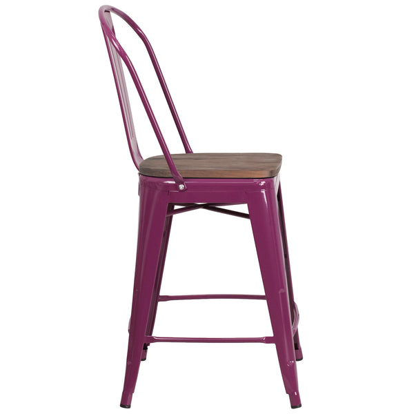 Purple |#| 24inch High Purple Metal Counter Height Stool with Back and Wood Seat