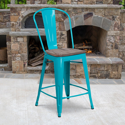 24" High Metal Counter Height Stool with Back and Wood Seat - View 2