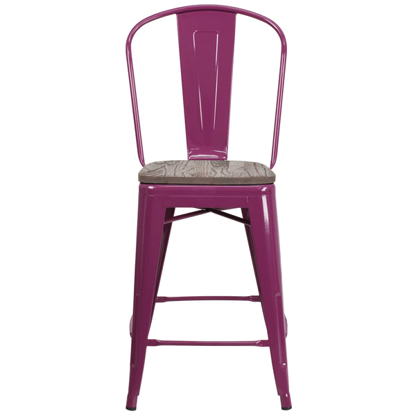 Purple |#| 24inch High Purple Metal Counter Height Stool with Back and Wood Seat