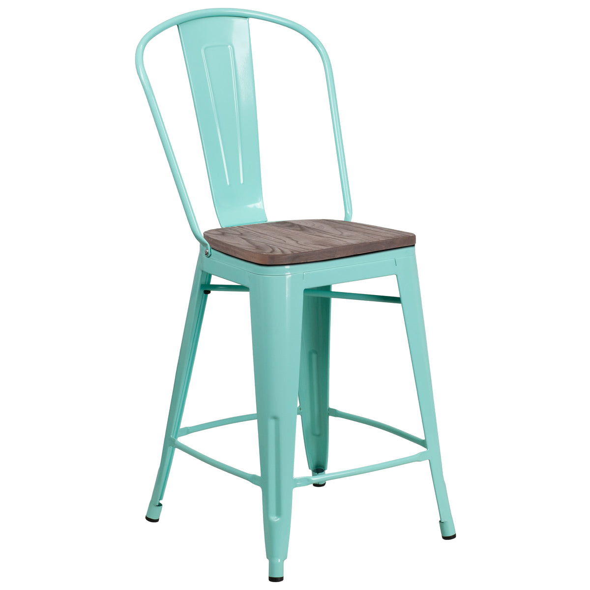 Mint Green |#| 24inch High Mint Green Metal Counter Height Stool with Back and Wood Seat