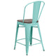 Mint Green |#| 24inch High Mint Green Metal Counter Height Stool with Back and Wood Seat