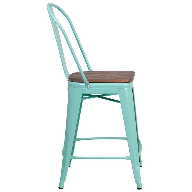 Mint Green |#| 24inch High Mint Green Metal Counter Height Stool with Back and Wood Seat