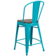 Crystal Teal-Blue |#| 24inch High Crystal Teal-Blue Metal Counter Height Stool with Back and Wood Seat