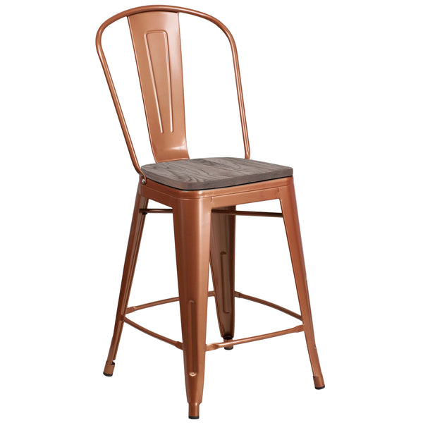 Copper |#| 24inch High Copper Metal Counter Height Stool with Back and Wood Seat