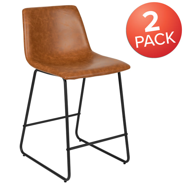 Light Brown |#| Set of 2 Kitchen Counter Height Stool - 24 Inch Light Brown LeatherSoft Barstool