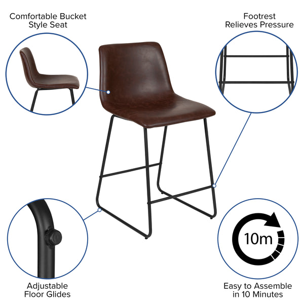 Dark Brown |#| Set of 2 Kitchen Counter Height Stool - 24 Inch Dark Brown LeatherSoft Barstool