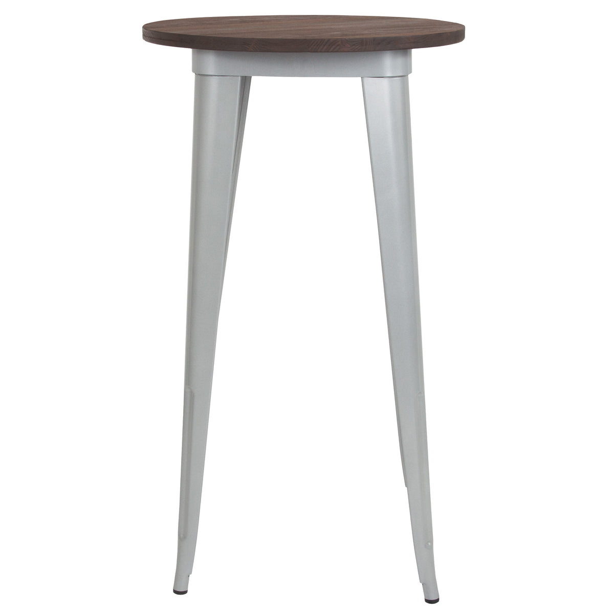 Silver |#| 24inch Round Silver Metal Indoor Bar Height Table with Walnut Rustic Wood Top