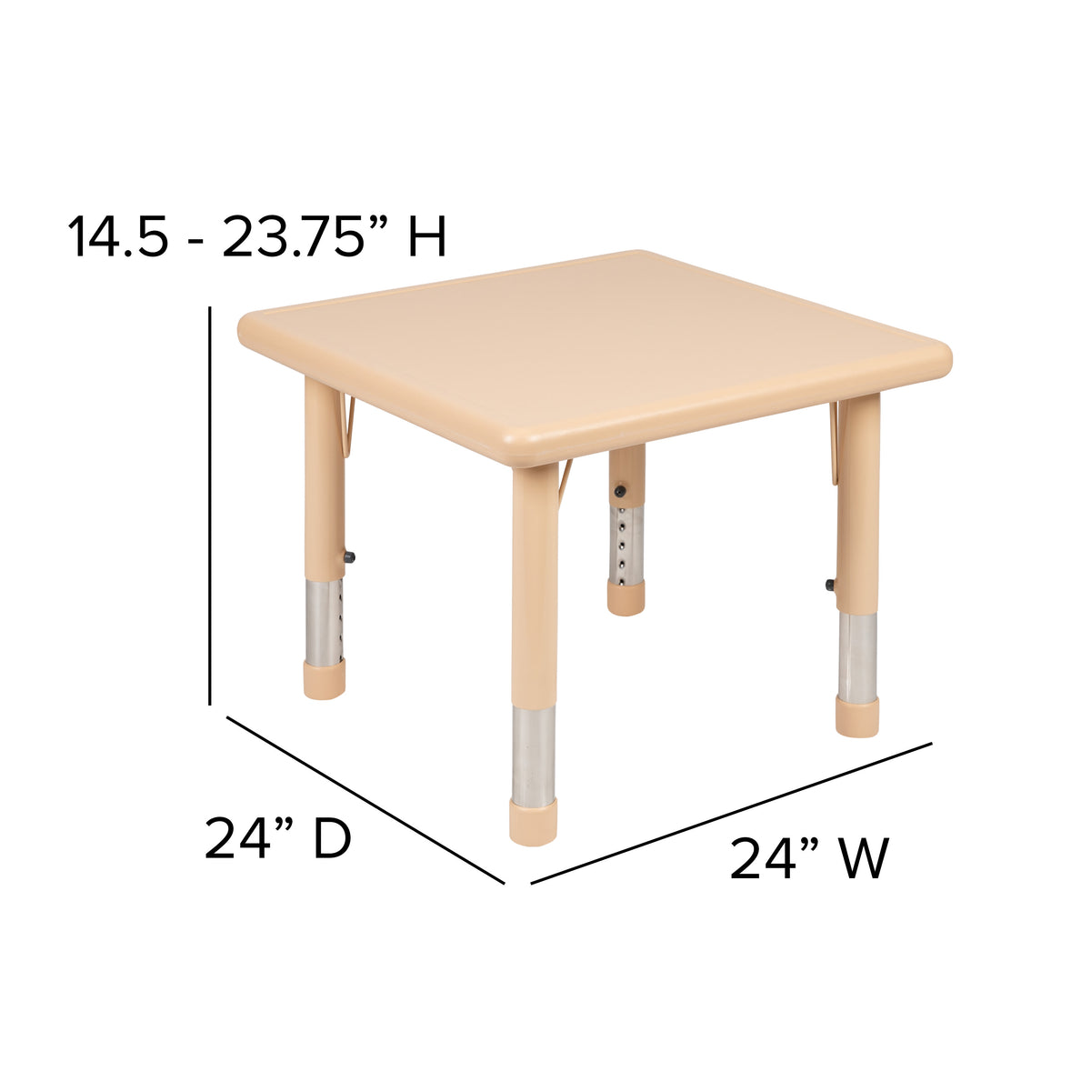 Natural |#| 24inch Square Natural Plastic Height Adjustable Activity Table - School Table for 4