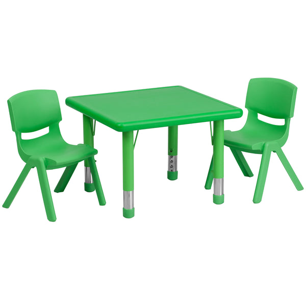 Green |#| 24inch Square Green Plastic Height Adjustable Activity Table Set with 2 Chairs