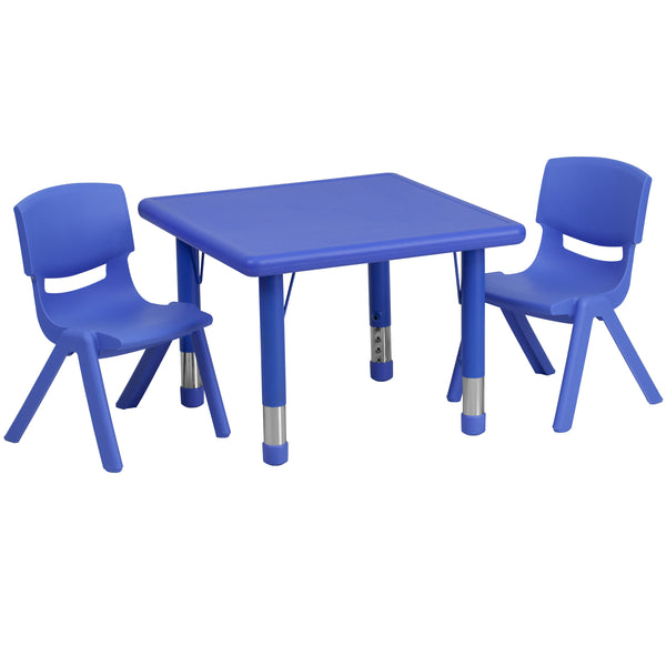 Blue |#| 24inch Square Blue Plastic Height Adjustable Activity Table Set with 2 Chairs