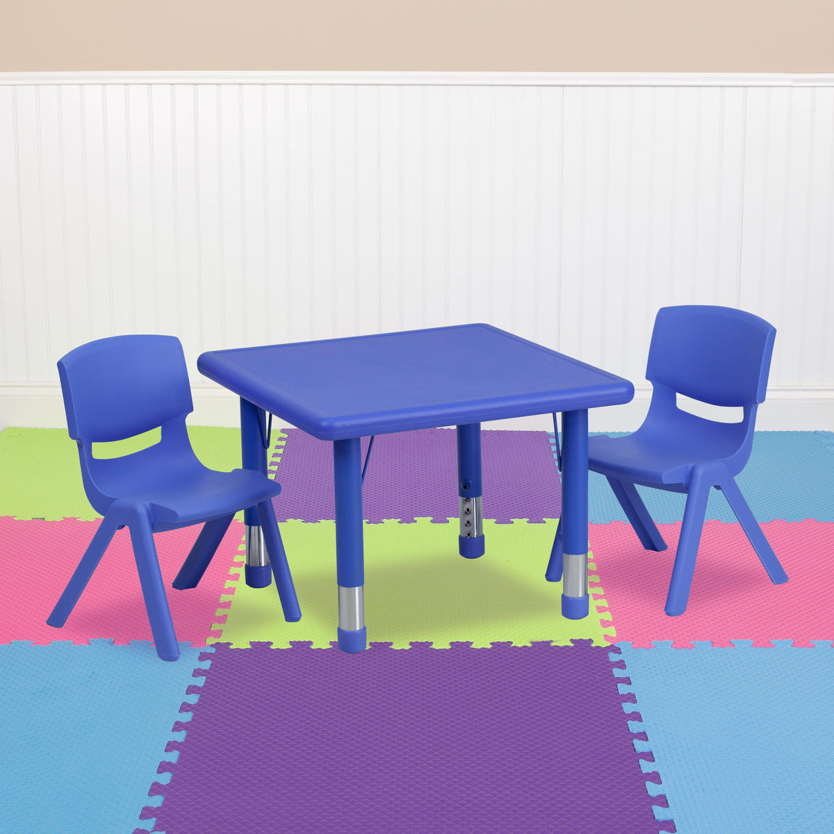 Blue |#| 24inch Square Blue Plastic Height Adjustable Activity Table Set with 2 Chairs