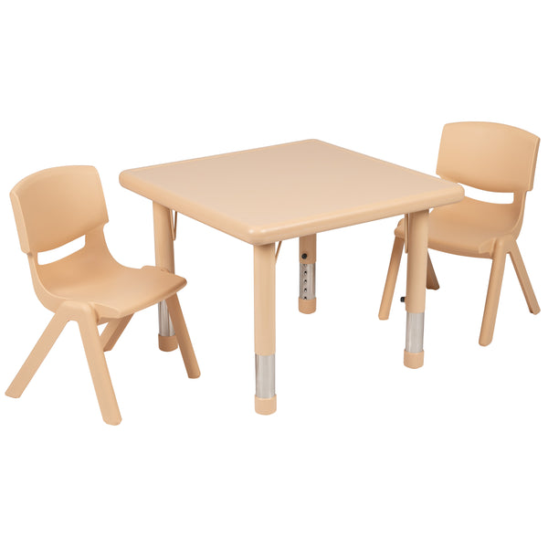 Natural |#| 24inch Square Natural Plastic Height Adjustable Activity Table Set with 2 Chairs