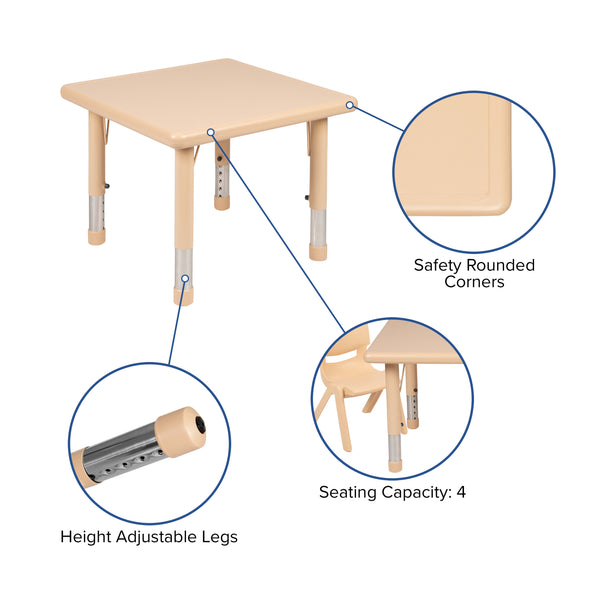 Natural |#| 24inch Square Natural Plastic Height Adjustable Activity Table Set with 2 Chairs