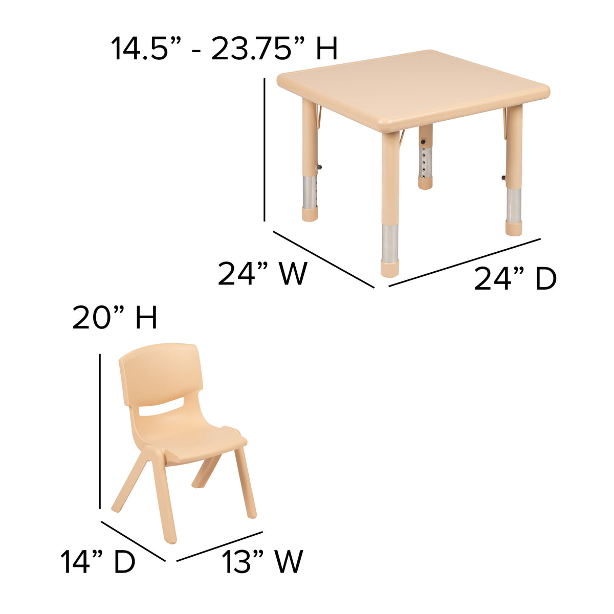 Natural |#| 24inch Square Natural Plastic Height Adjustable Activity Table Set with 2 Chairs