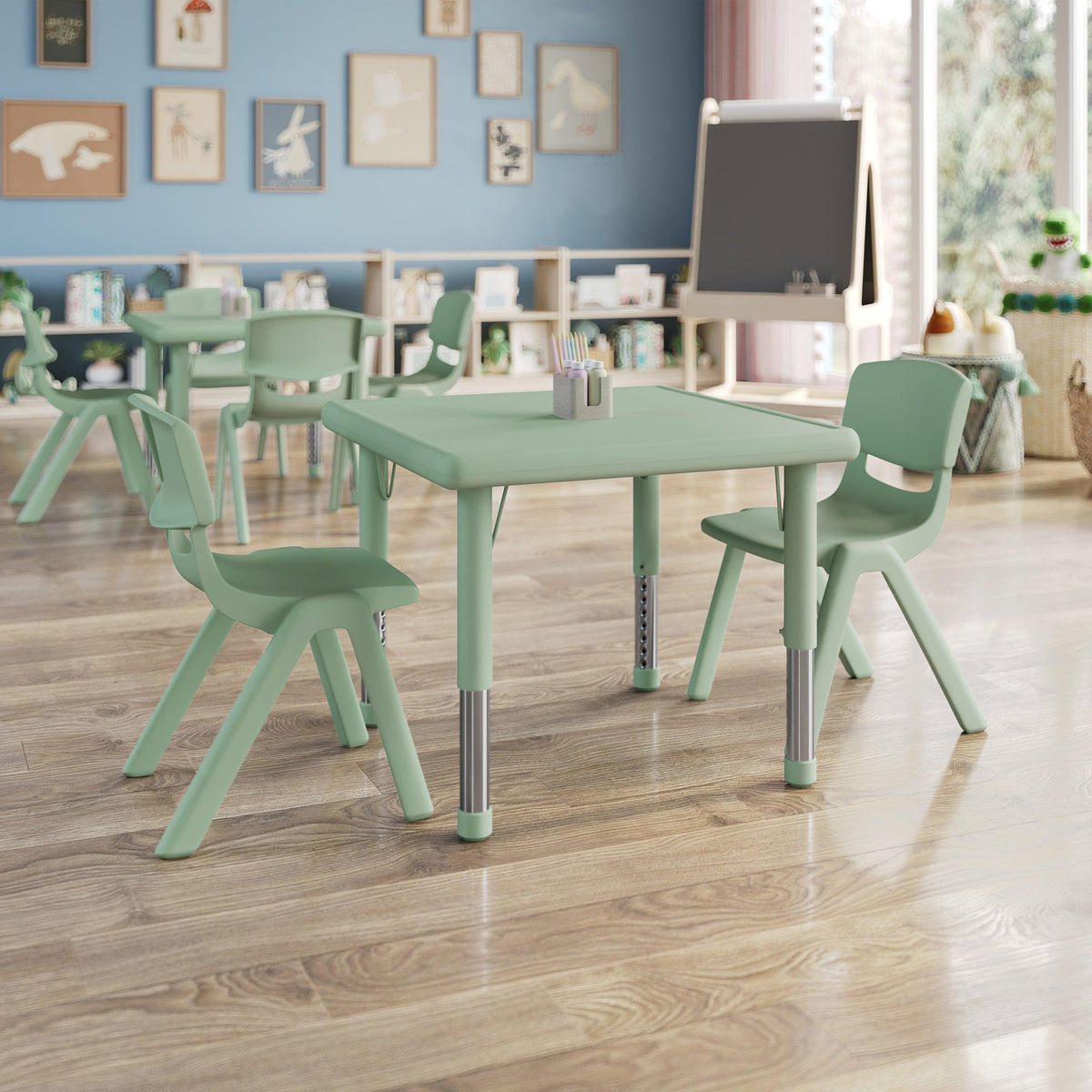 Sage |#| 3 PC Plastic Activity Table and 2 Chairs Set, 10.5" Seat Height-Sage