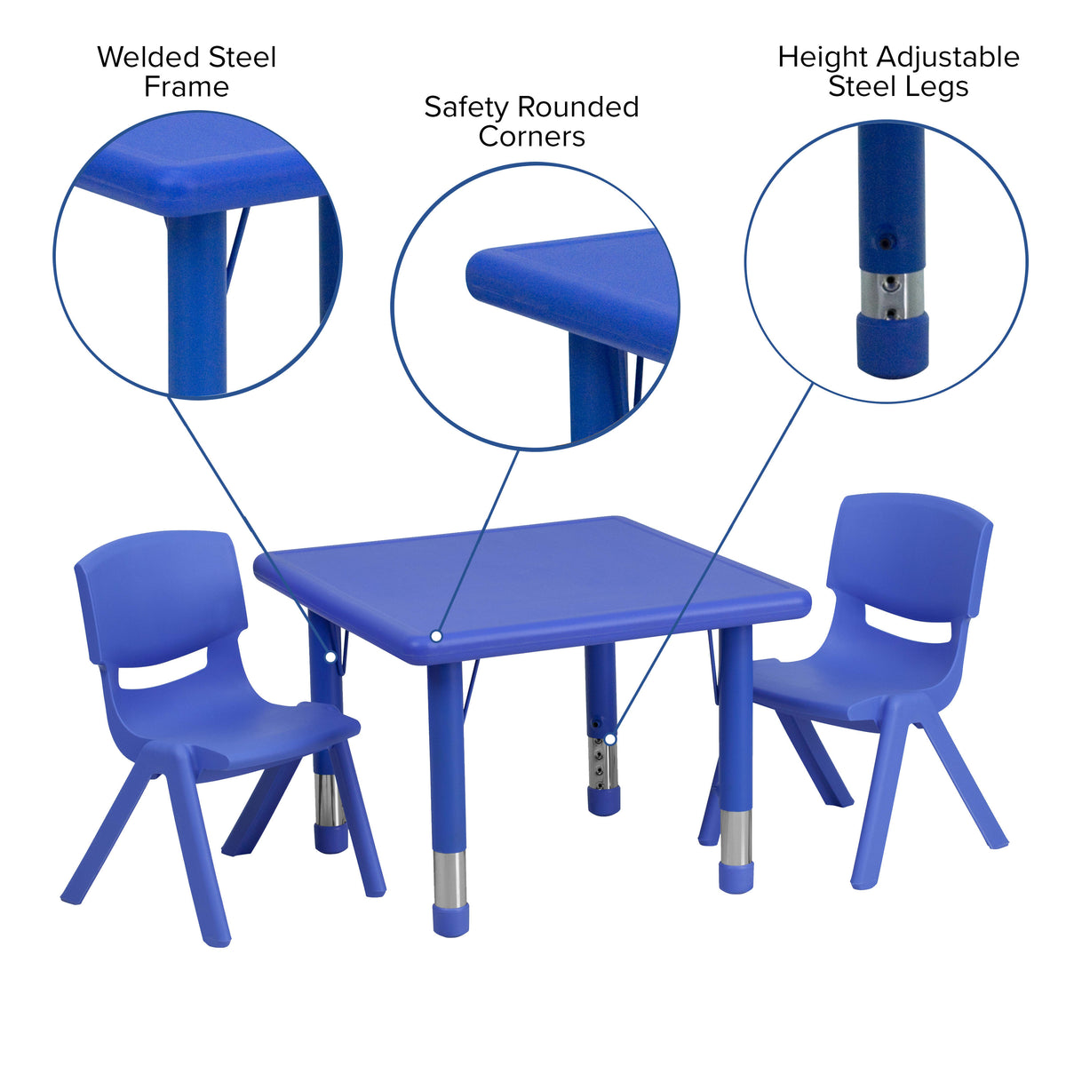 Blue |#| 24" Square Blue Plastic Height Adjustable Activity Table Set with 2 Chairs