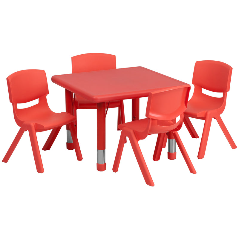 Red |#| 24inch Square Red Plastic Height Adjustable Activity Table Set with 4 Chairs