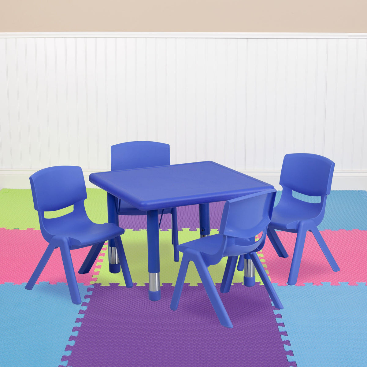 Blue |#| 24inch Square Blue Plastic Height Adjustable Activity Table Set with 4 Chairs