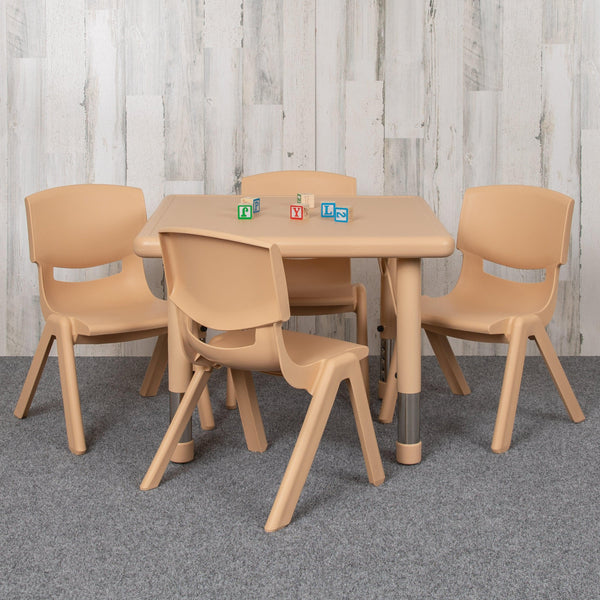 Natural |#| 24inch Square Natural Plastic Height Adjustable Activity Table Set with 4 Chairs