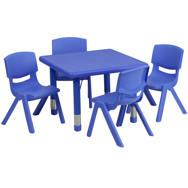 Blue |#| 24" Square Blue Plastic Height Adjustable Activity Table Set with 4 Chairs