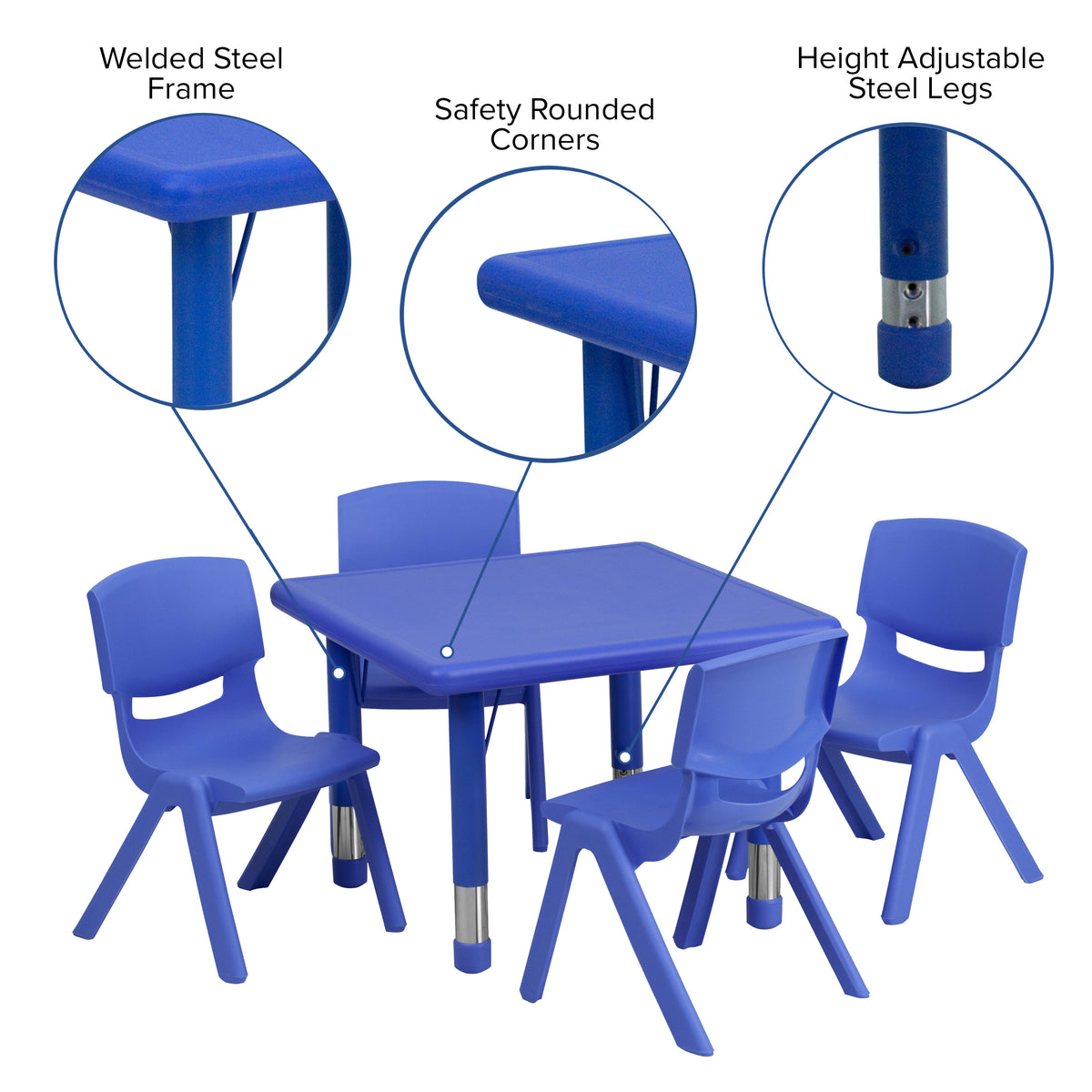 Blue |#| 24" Square Blue Plastic Height Adjustable Activity Table Set with 4 Chairs