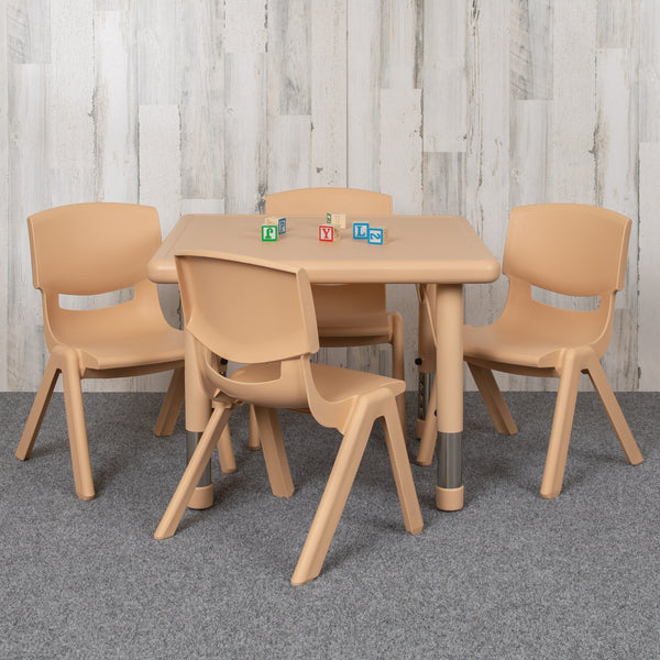 Natural |#| 24" Square Natural Plastic Height Adjustable Activity Table Set with 4 Chairs