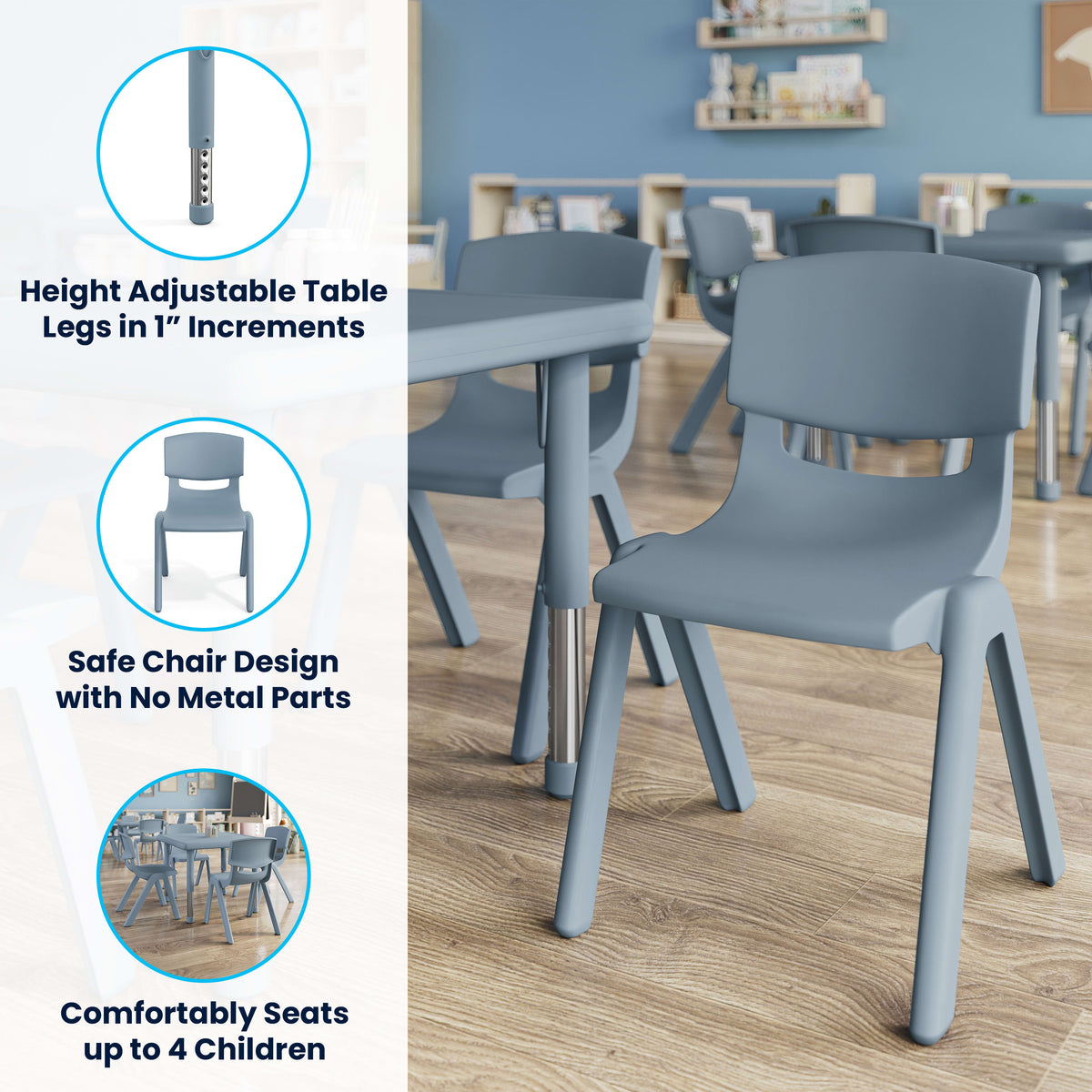 Dusty Blue |#| 5 PC Plastic Activity Table and 4 Chairs Set, 10.5" Seat Height-Dusty Blue