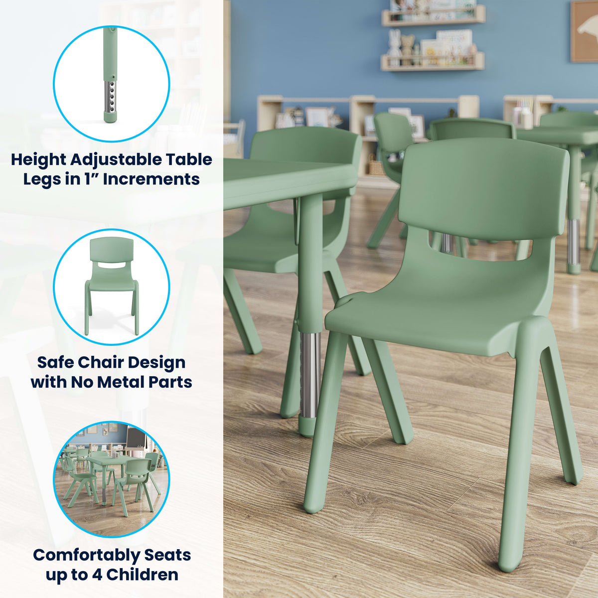 Sage |#| 5 PC Plastic Activity Table and 4 Chairs Set, 10.5" Seat Height-Sage