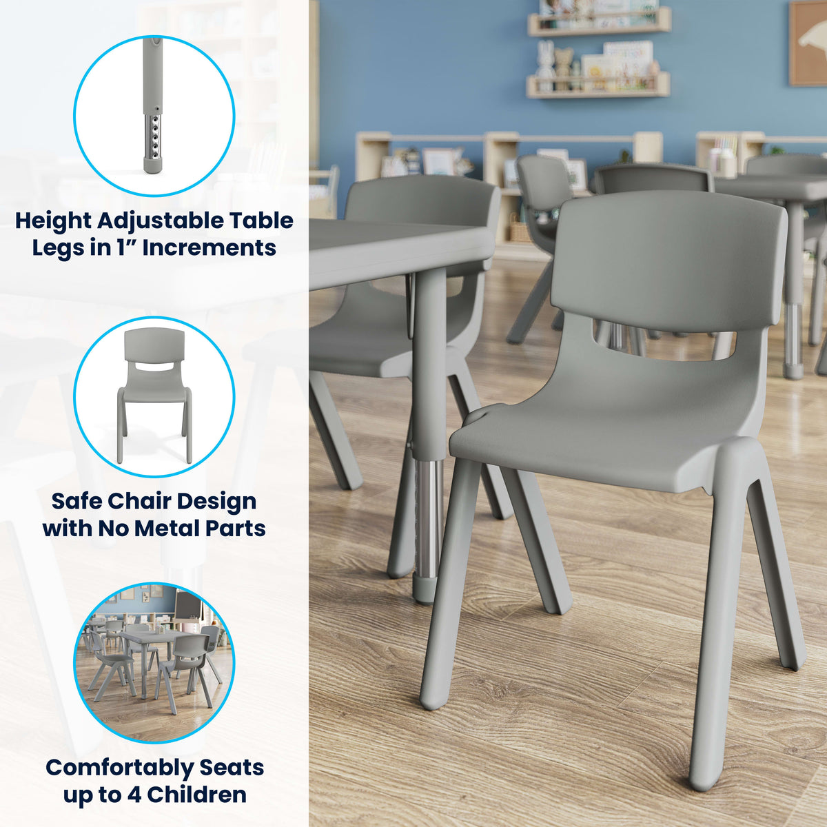 Soft Gray |#| 5 PC Plastic Activity Table and 4 Chairs Set, 10.5" Seat Height-Soft Gray