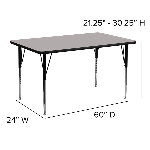 Gray |#| 24inchW x 60inchL Rectangular Grey HP Laminate Activity Table - Height Adjustable Legs