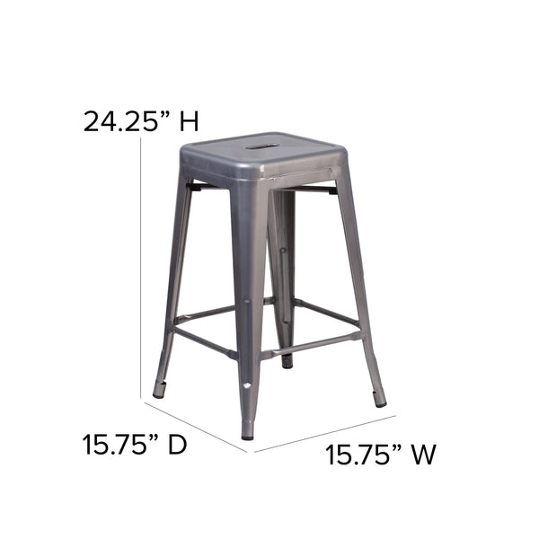 24inch High Backless Clear Coated Metal Indoor Counter Height Stool w/ Square Seat